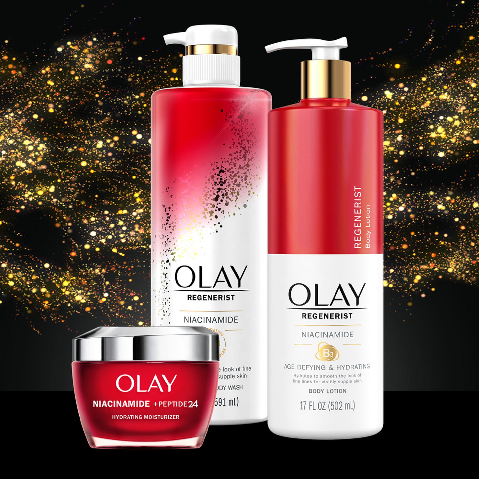 Olay Regenerists lineup against a sparkling gold backdrop includes the Olay Age Defying Womens Body Wash with niacinamide, offering hydrating skincare benefits in a 20 fl oz size.