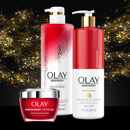 Olay Regenerists lineup against a sparkling gold backdrop includes the Olay Age Defying Womens Body Wash with niacinamide, offering hydrating skincare benefits in a 20 fl oz size.