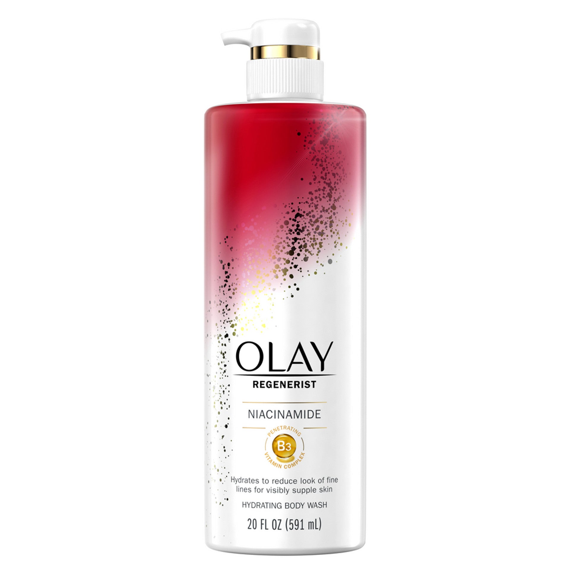 The Olay Age Defying Womens Body Wash, featuring a white bottle with a red gradient, gold accents, and a pump dispenser, offers hydration and helps reduce fine lines. It contains niacinamide in a 20 fl oz (591 ml) size.