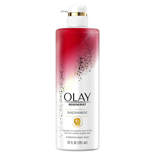 The Olay Age Defying Womens Body Wash, featuring a white bottle with a red gradient, gold accents, and a pump dispenser, offers hydration and helps reduce fine lines. It contains niacinamide in a 20 fl oz (591 ml) size.