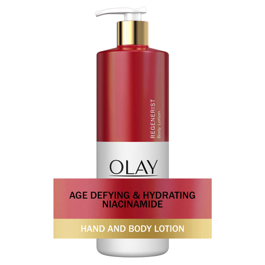 The OLAY Age Defying & Hydrating Niacinamide Hand and Body Lotion, 17 fl oz, comes in a red and white bottle with a pump. Infused with Vitamin B3 Complex, it enhances skin rejuvenation.