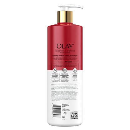 A 17 fl oz red and white bottle of OLAY Age Defying & Hydrating Niacinamide Hand and Body Lotion with a pump. The label emphasizes ingredients such as niacinamide, collagen, and hyaluronic acid for hydration and skin firmness.