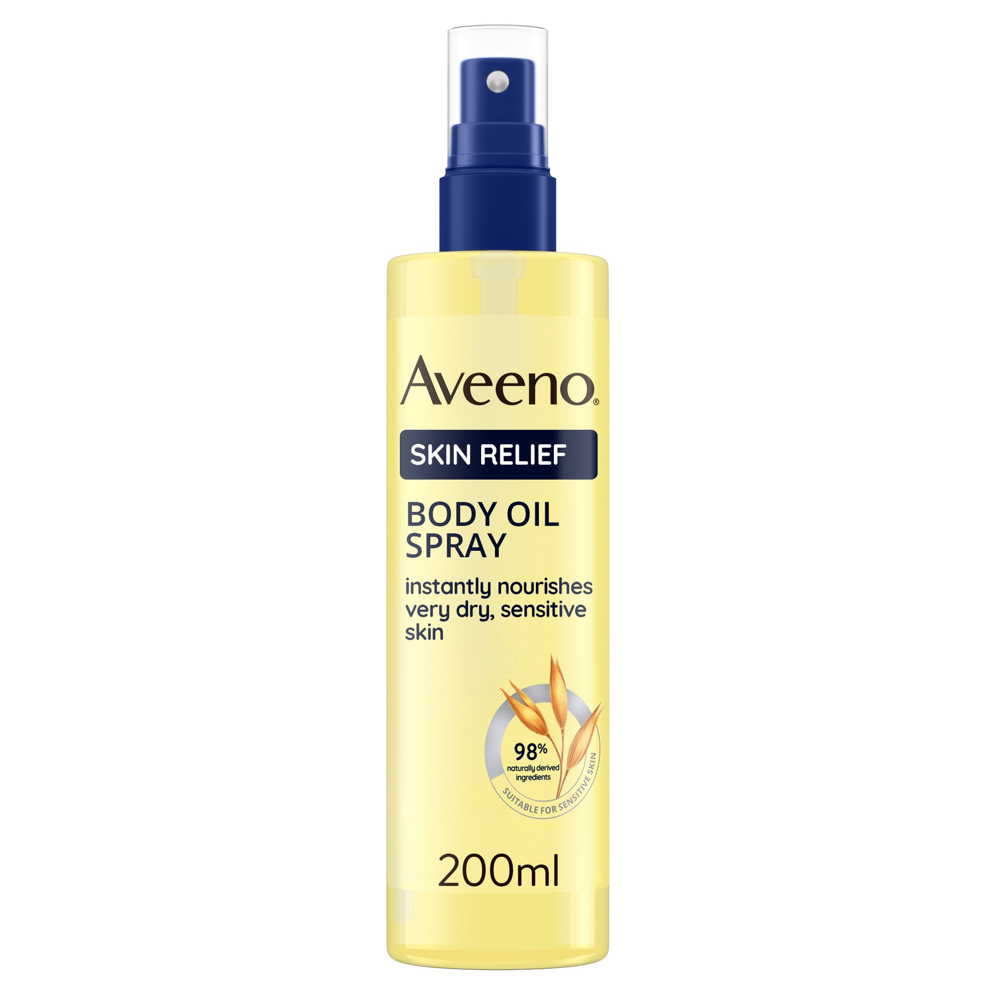 The AVEENO® Skin Relief Body Oil Spray 200ml features a handy nozzle and calming yellow label. Enriched with oat oil, it nourishes dry, sensitive skin with 98% naturally derived ingredients for optimal care.