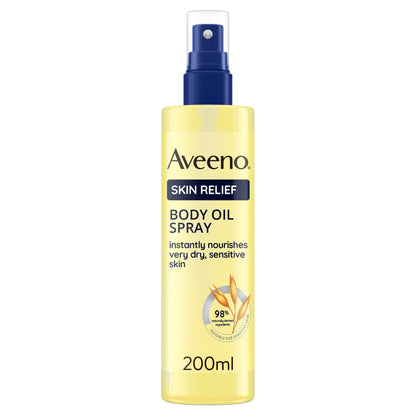 The AVEENO® Skin Relief Body Oil Spray 200ml features a handy nozzle and calming yellow label. Enriched with oat oil, it nourishes dry, sensitive skin with 98% naturally derived ingredients for optimal care.
