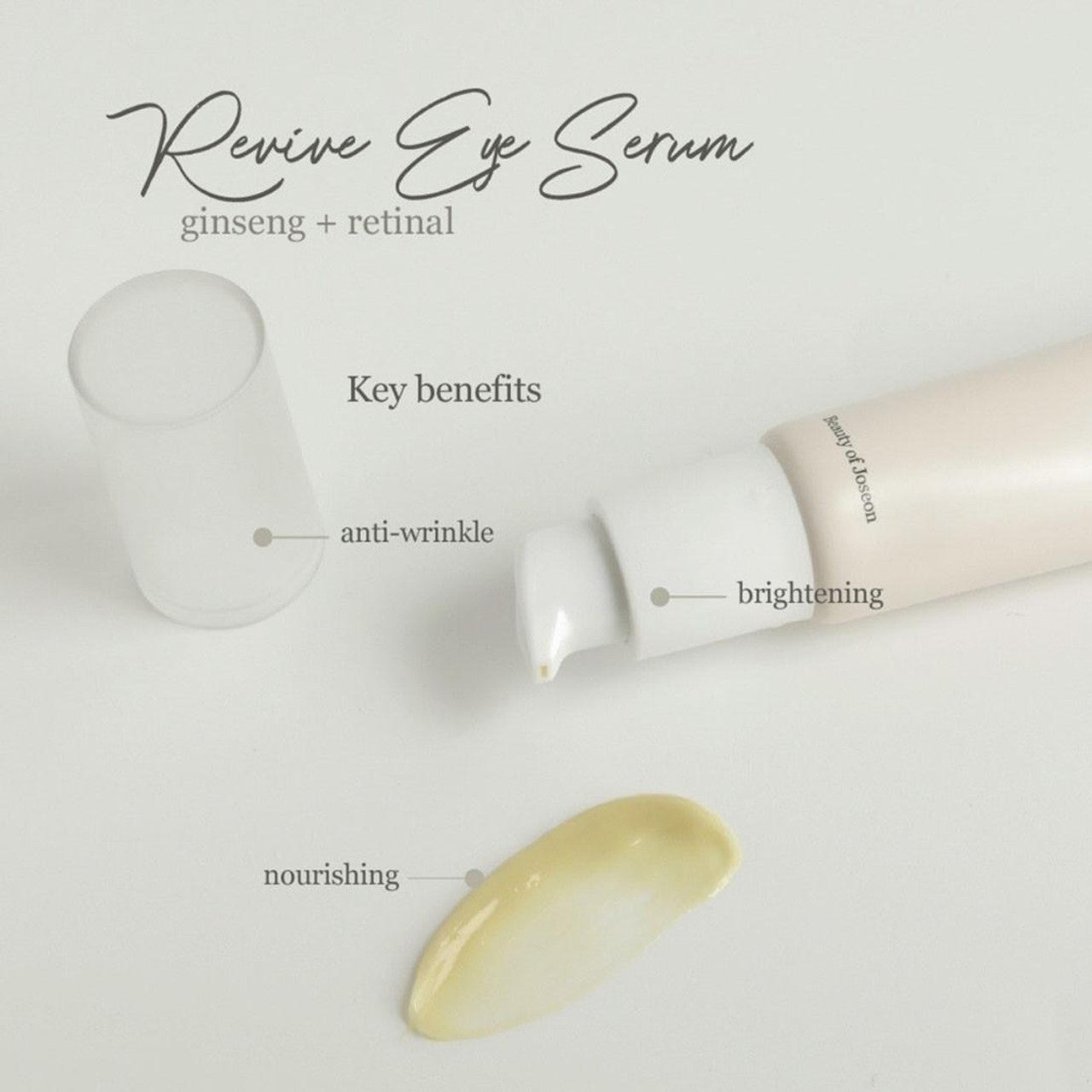 The BEAUTY OF JOSEON - Revive Eye Serum : Ginseng + Retinal - 30ml, by Beauty of Joseon, stands elegantly against a light gray backdrop with its clear cap removed. Featuring retinal liposome technology, it reduces wrinkles while brightening and nourishing. A small amount is spread gracefully nearby.