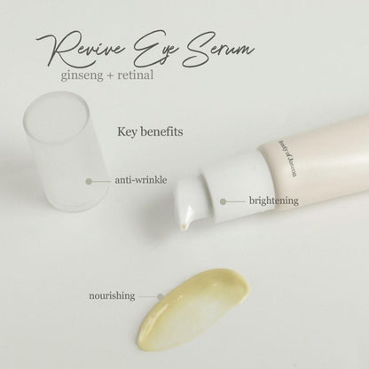 The BEAUTY OF JOSEON - Revive Eye Serum : Ginseng + Retinal - 30ml, by Beauty of Joseon, stands elegantly against a light gray backdrop with its clear cap removed. Featuring retinal liposome technology, it reduces wrinkles while brightening and nourishing. A small amount is spread gracefully nearby.