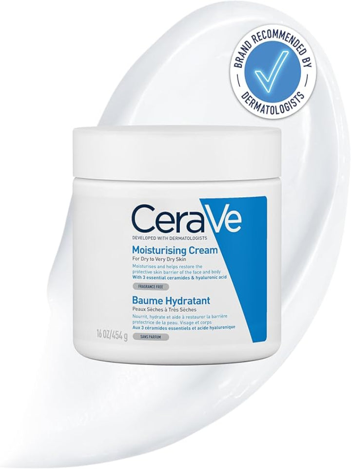 A white jar of CeraVe Moisturizing Cream for Normal to Dry Skin with a blue label sits on a white background. Formulated with ceramides and hyaluronic acid, it is ideal for dry skin. A seal indicates its the Brand Recommended by Dermatologists.