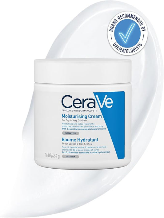 A white jar of CeraVe Moisturizing Cream for Normal to Dry Skin with a blue label sits on a white background. Formulated with ceramides and hyaluronic acid, it is ideal for dry skin. A seal indicates its the Brand Recommended by Dermatologists.