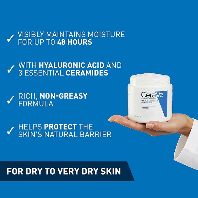 In front of a blue backdrop, someone holds CeraVe Moisturizing Cream for Normal to Dry Skin with Ceramides, 454g. Text highlights its features: 48-hour hydration with hyaluronic acid and ceramides, non-greasy texture, and skin barrier protection—ideal for dry to very dry skin.