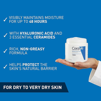 In front of a blue backdrop, someone holds CeraVe Moisturizing Cream for Normal to Dry Skin with Ceramides, 454g. Text highlights its features: 48-hour hydration with hyaluronic acid and ceramides, non-greasy texture, and skin barrier protection—ideal for dry to very dry skin.