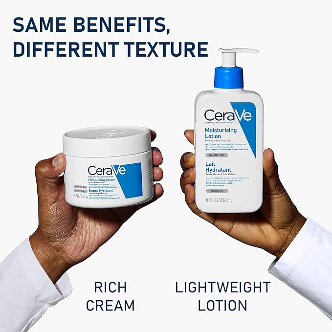 A person holds two CeraVe products: on the left, a jar of CeraVe Moisturizing Cream for Normal to Dry Skin - 454g with ceramides, and on the right, a lightweight lotion also with ceramides. Text above reads, Same Benefits, Different Texture.