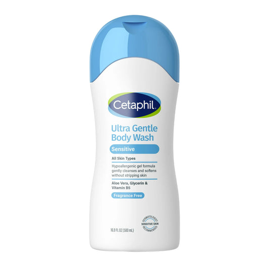 Cetaphil Ultra Gentle Body Wash, Unscented, 16.9 fl oz (500 ml), protects skins moisture barrier and suits dry to normal sensitive skin. The white bottle with a blue cap features a fragrance-free formula with aloe vera and vitamin B5, ideal for maintaining healthy skin.