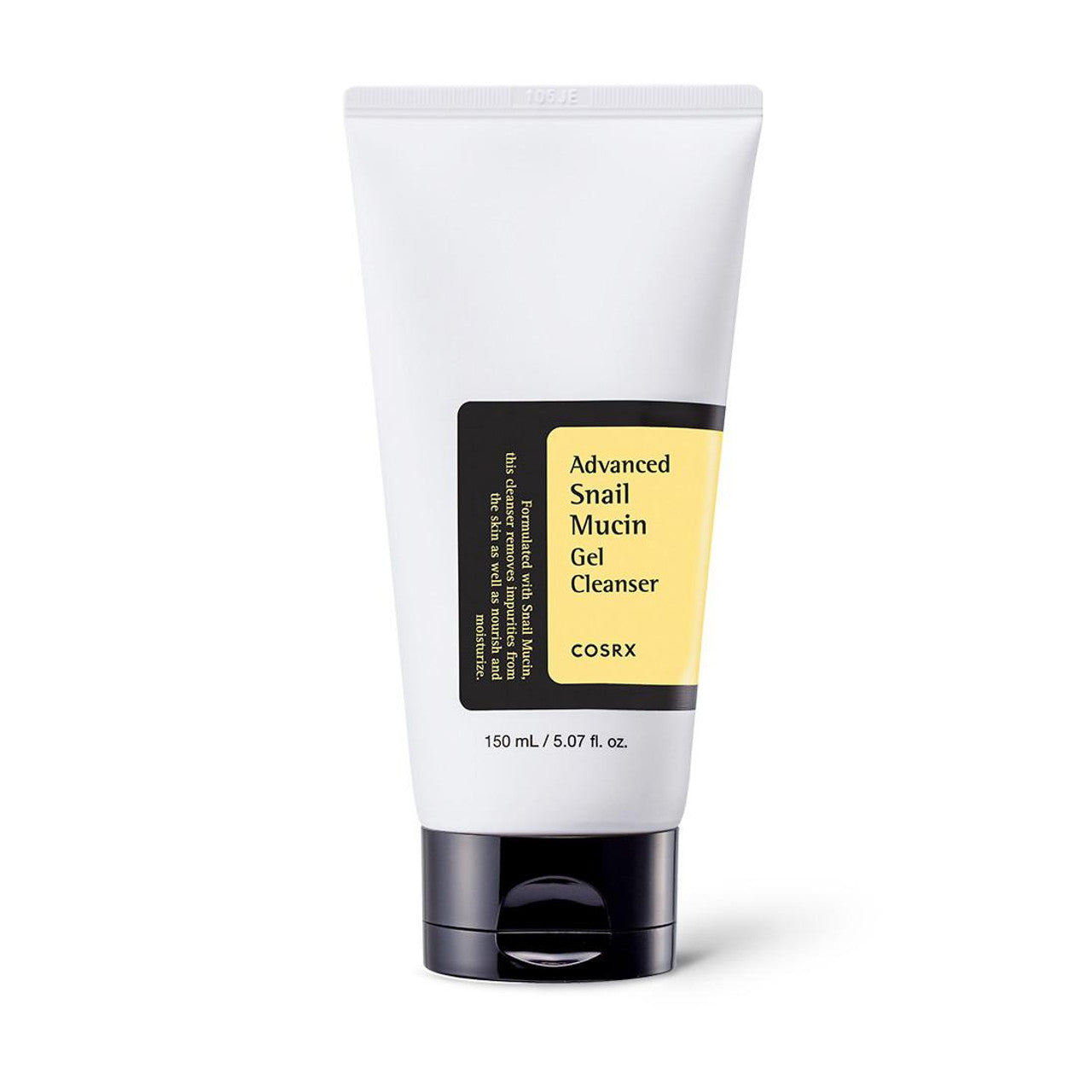 A white tube of COSRX Advanced Snail Mucin Gel Cleanser features a black label with yellow accents, offering 50 mL and promising to seal in moisture for hydrated, refreshed skin.