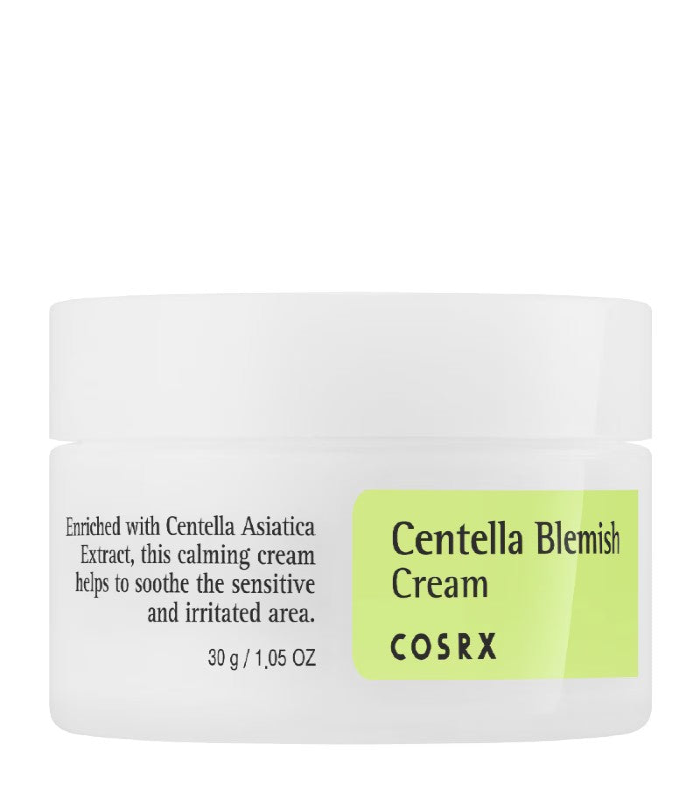 A 30g jar of COSRX Centella Blemish Cream, featuring Centella asiatica extract, soothes sensitive skin and diminishes acne scars.