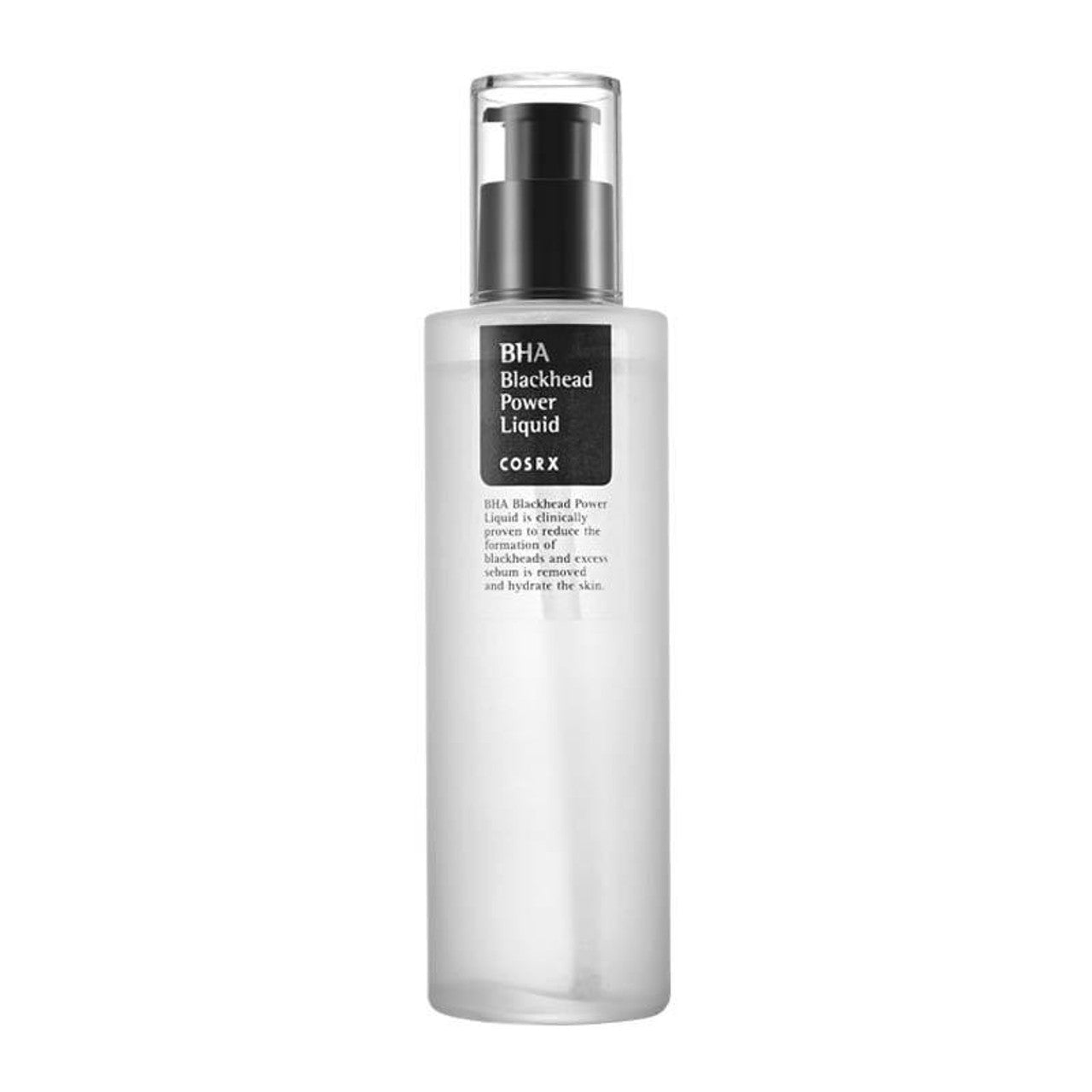The COSRX BHA Blackhead Power Liquid 100ml features a clear bottle with a black pump and label, emphasizing its minimalist design. The label mentions its purpose of reducing blackheads and exfoliating dead skin cells using natural ingredients for clear, healthy skin.