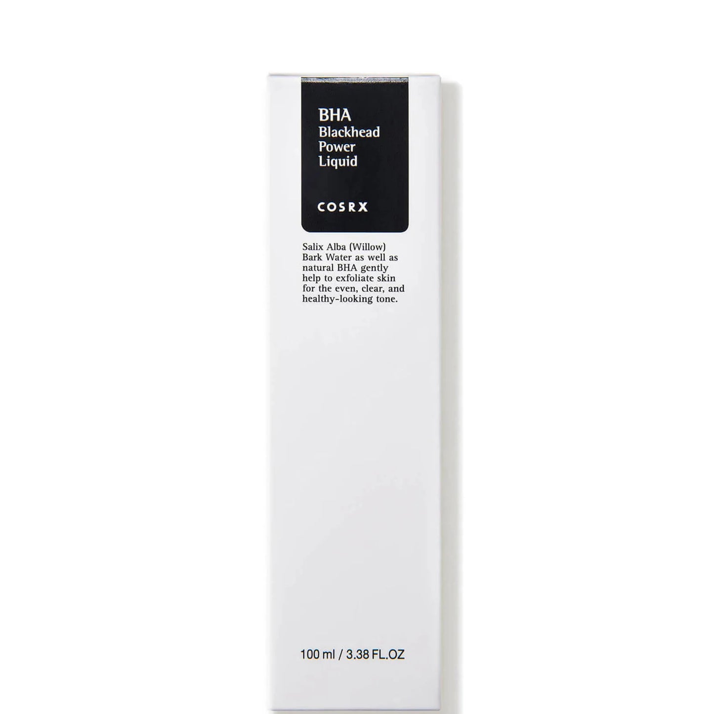 The COSRX BHA Blackhead Power Liquid 100ml, in a white rectangular box with black text, uses natural ingredients to exfoliate dead skin cells for clearer skin. Additional details on ingredients and effects are provided on the packaging. Volume: 100 ml / 3.38 fl oz.