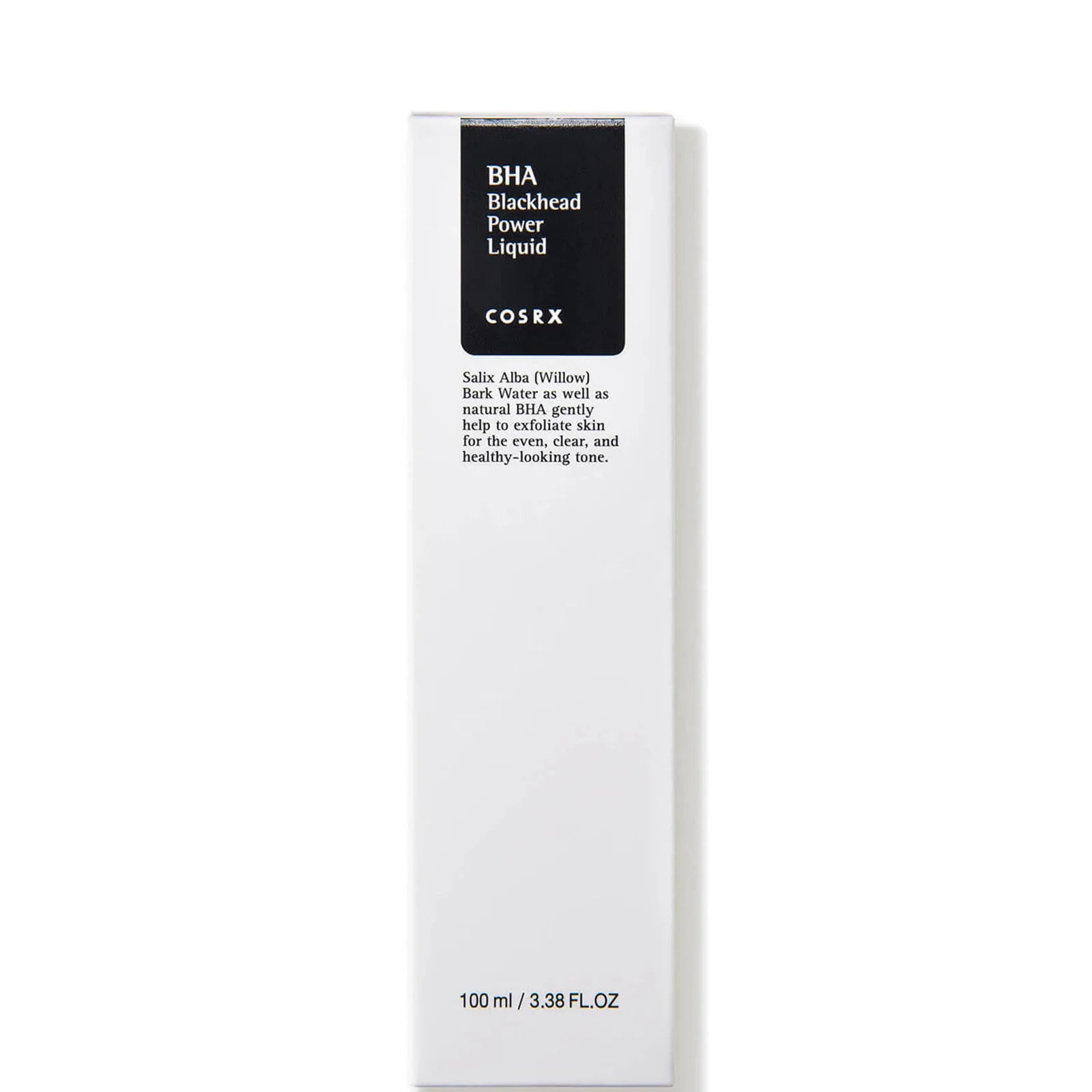 The COSRX BHA Blackhead Power Liquid 100ml, in a white rectangular box with black text, uses natural ingredients to exfoliate dead skin cells for clearer skin. Additional details on ingredients and effects are provided on the packaging. Volume: 100 ml / 3.38 fl oz.