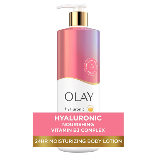 The OLAY Nourishing & Hydrating Body Lotion, 17 fl oz, features a gradient design in pink, purple, and yellow with a pump. Its label highlights Clinically Tested Results and offers 24hr Moisturizing with Vitamin B3 Complex and hyaluronic acid for deep nourishment.
