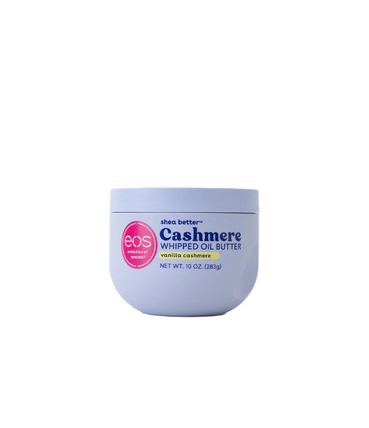Eos Cashmere whipped oil butter container on a light beige background
