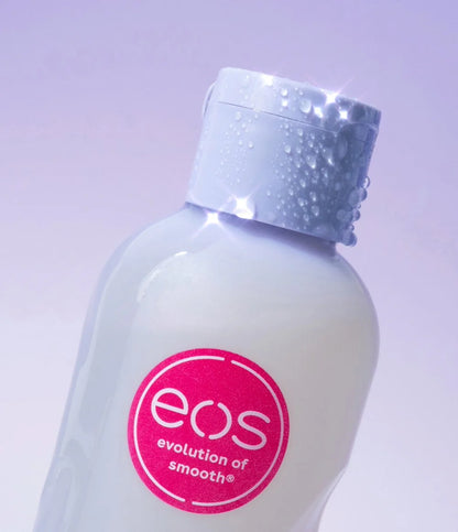 EOS lip balm bottle with a purple cap on a light purple background