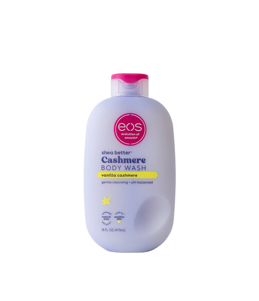 Eos Cashmere body wash bottle on a white background