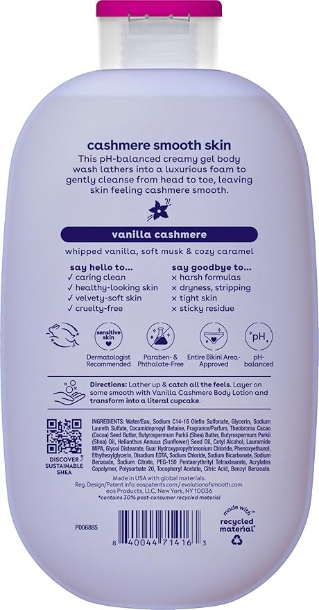 Body wash bottle with label showing 'cashmere smooth skin' and vanilla cashmere fragrance.
