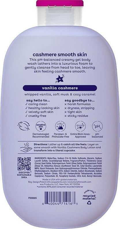 Body wash bottle with label showing 'cashmere smooth skin' and vanilla cashmere fragrance.