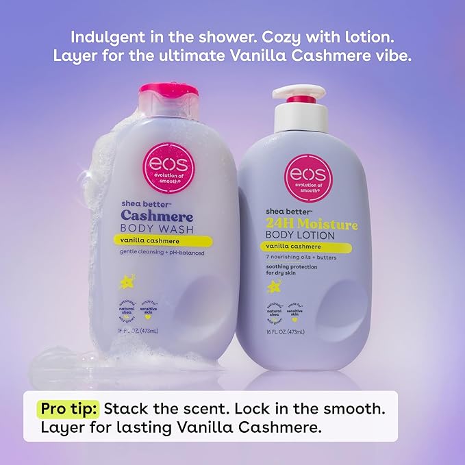 Two bottles of eos Vanilla Cashmere body wash and lotion on a purple background with text.