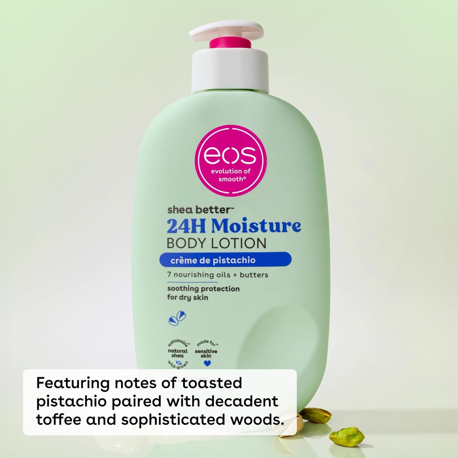 Green bottle of eos 24H Moisture Body Lotion on a light green background