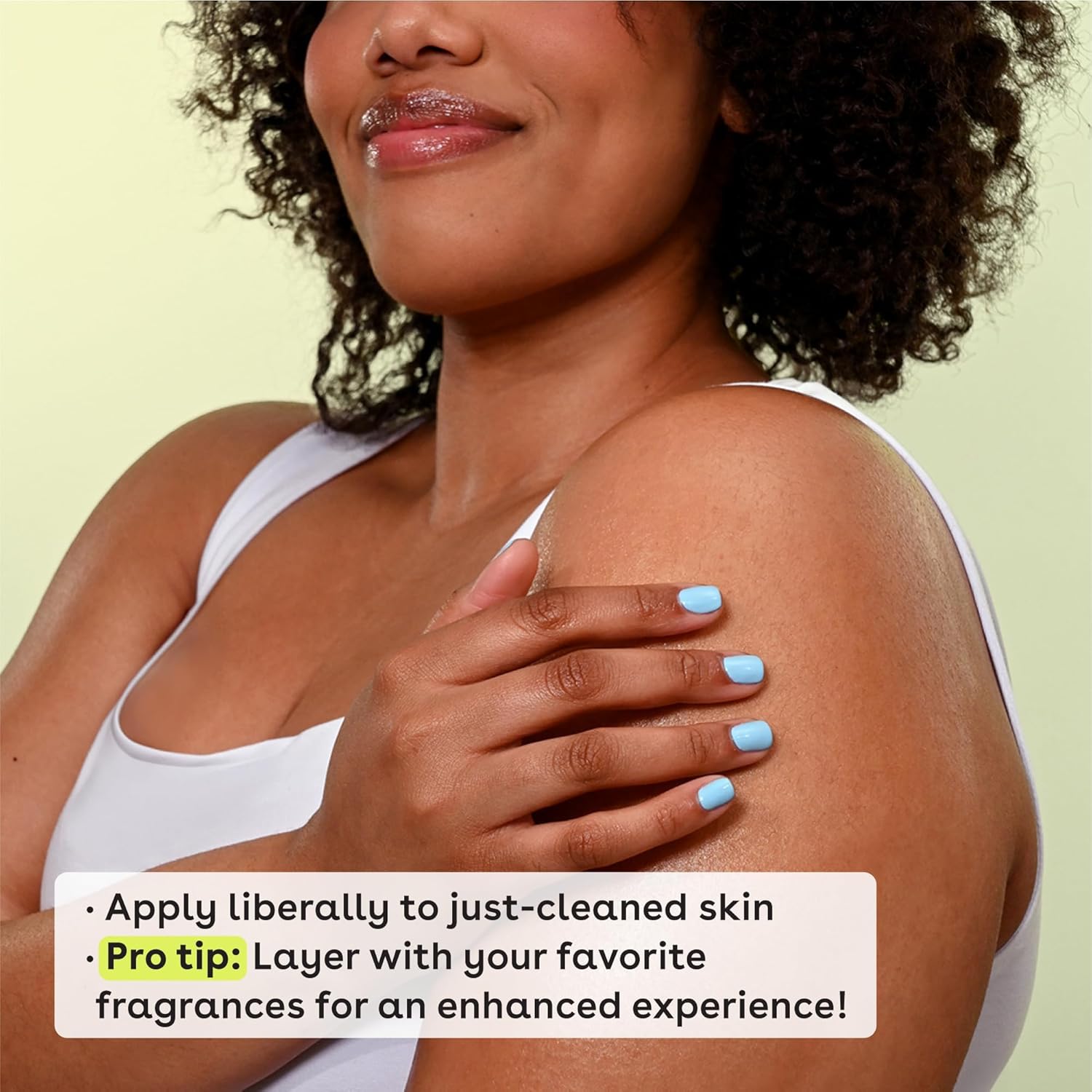 Woman applying a product to her shoulder with text on a light green background
