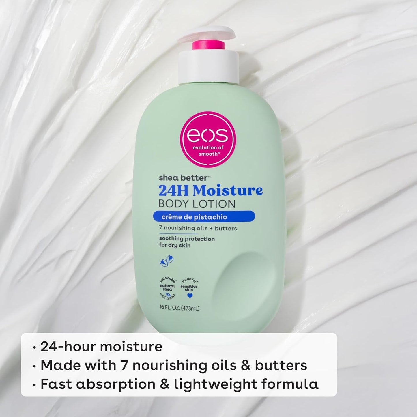 Green bottle of eos body lotion on a white background
