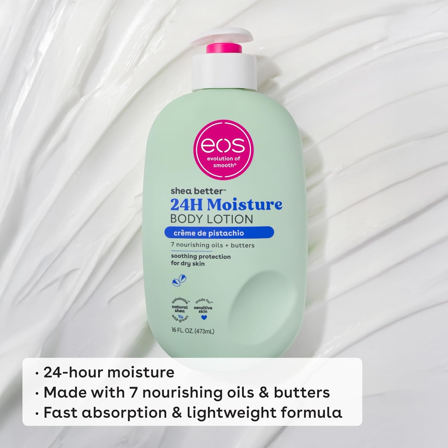 Green bottle of eos body lotion on a white background
