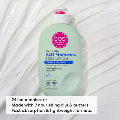 Green bottle of eos body lotion on a white background