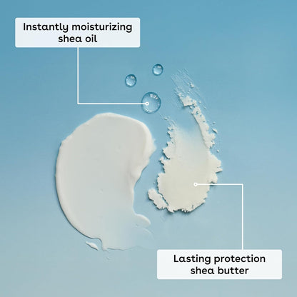 Shea oil and shea butter on a blue background with text indicating moisturizing and protection properties.