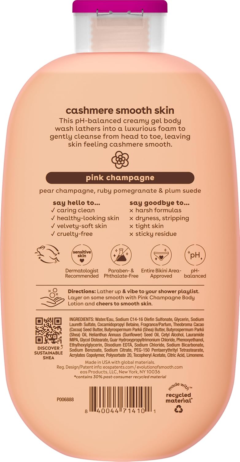 Bottle of 'Cashmere Smooth Skin' body wash with label details on a white background