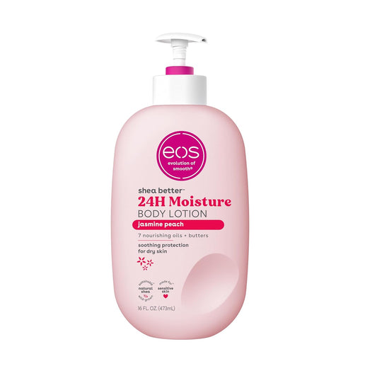 The eos Shea Better 24H Moisture Body Lotion - Jasmine Peach (473ml) features a white pump top and is enriched with shea butter and 7 oils and butters, providing soothing hydration for sensitive skin.