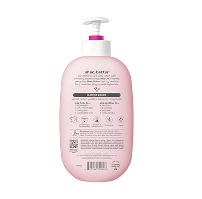 The eos Shea Better 24H Moisture Body Lotion in Jasmine Peach scent (473ml) provides hydration for sensitive skin with shea butter, jasmine, and peach nectar. This vegan, cruelty-free lotion offers gentle care and comes in a pink bottle with a white pump.