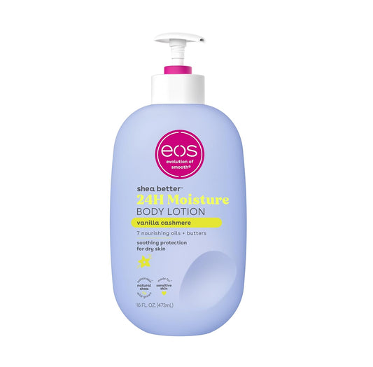 The image shows the eos Shea Better 24H Moisture Body Lotion in Vanilla Cashmere, a sustainable skincare product. It has a light blue bottle, white pump top, and contains 473ml (16 fl. oz.). Enriched with 7 nourishing oils and butters, it provides lasting hydration for dry skin.