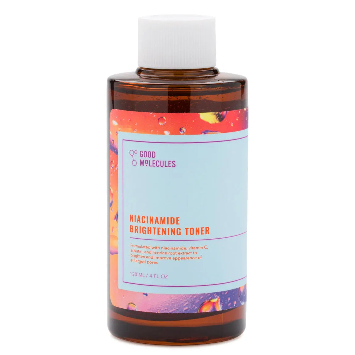 Good Molecules Niacinamide Brightening Toner 120ML features a brown bottle with a white cap and a blue label displaying an orange and pink abstract design, highlighting its niacinamide content for hyperpigmentation treatment, complemented by vitamin C.