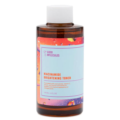 Good Molecules Niacinamide Brightening Toner 120ML features a brown bottle with a white cap and a blue label displaying an orange and pink abstract design, highlighting its niacinamide content for hyperpigmentation treatment, complemented by vitamin C.