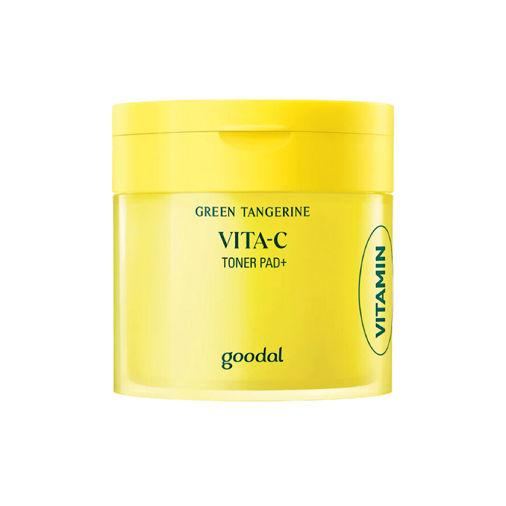 The Goodal Green Tangerine Vita C Toner Pad (70ea) 160ml, with its bright yellow cylindrical container, effectively targets dark spots using a Vitamin C formula. This secure-lid skincare product by goodal is designed to combat hyperpigmentation.