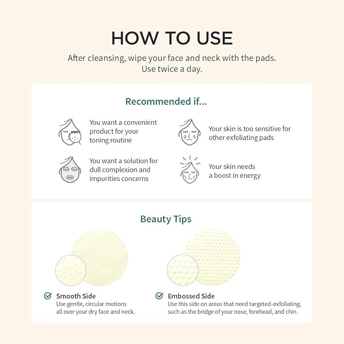 Instructions for Goodal Green Tangerine Vita C Toner Pad: Designed for sensitive skin and complexion improvement, these pads feature a smooth side for cleansing and an embossed side with Vitamin C for exfoliating the nose, forehead, and chin to reduce dark spots. Use twice daily.
