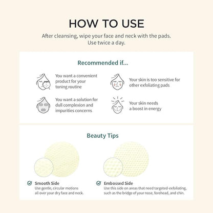Instructions for Goodal Green Tangerine Vita C Toner Pad: Designed for sensitive skin and complexion improvement, these pads feature a smooth side for cleansing and an embossed side with Vitamin C for exfoliating the nose, forehead, and chin to reduce dark spots. Use twice daily.