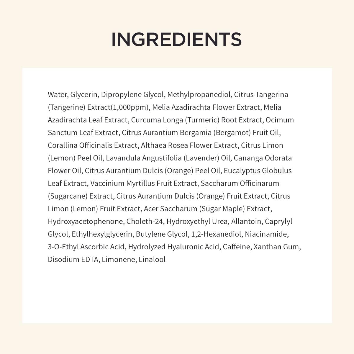 The INGREDIENTS image for the Goodal Green Tangerine Vita C Toner Pad (70ea) by goodal highlights skincare elements such as water, glycerin, citrus extracts, and Vitamin C to effectively target dark spots and hyperpigmentation, promoting a radiant complexion.