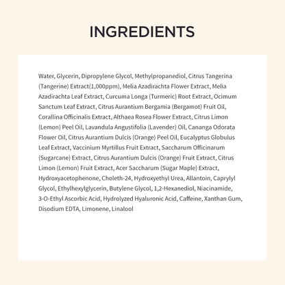 The INGREDIENTS image for the Goodal Green Tangerine Vita C Toner Pad (70ea) by goodal highlights skincare elements such as water, glycerin, citrus extracts, and Vitamin C to effectively target dark spots and hyperpigmentation, promoting a radiant complexion.