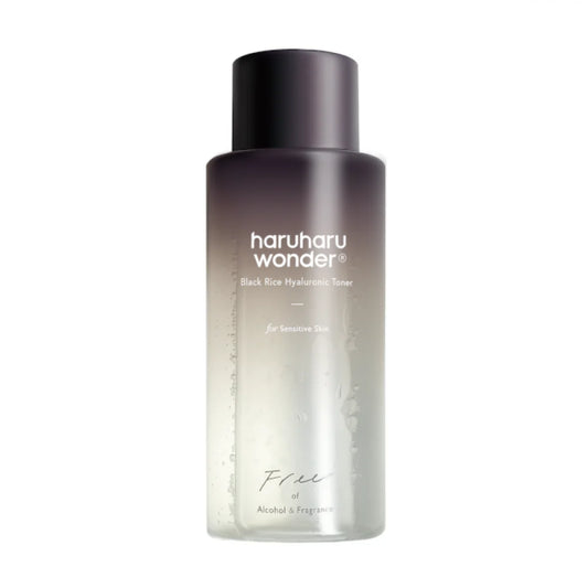 The Haruharu WONDER Black Rice Hyaluronic Toner (150ml) features Ultra Deep Technology. Its cylindrical bottle has a gradient gray-to-clear design and white text, indicating its suitable for sensitive skin, free from alcohol and fragrance, with a hyaluronic acid formula.