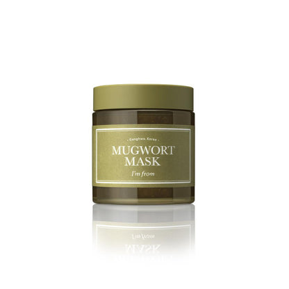 The Im From Mugwort Mask 110g by IM FROM features an olive green jar with a sleek lid and minimalist label. Highlighting Ganghwa, Korea, this vegan wash-off mask is perfect for sensitive skin. The pure white background enhances its natural allure.