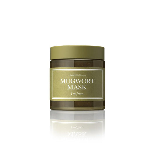 The Im From Mugwort Mask 110g by IM FROM features an olive green jar with a sleek lid and minimalist label. Highlighting Ganghwa, Korea, this vegan wash-off mask is perfect for sensitive skin. The pure white background enhances its natural allure.