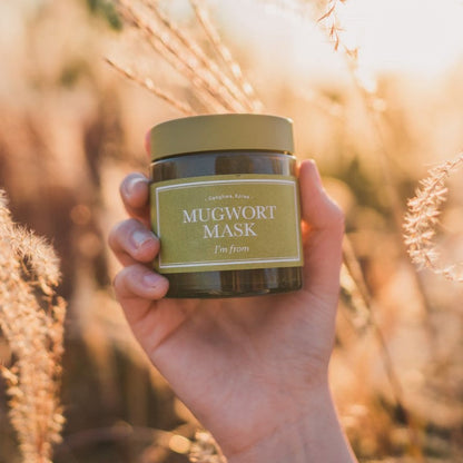 A hand holds an IM FROM Mugwort Mask 110g jar of Korean vegan skincare against sunlit grass. Suited for sensitive skin, the label displays its source, as warm, golden light creates a serene and natural ambiance.