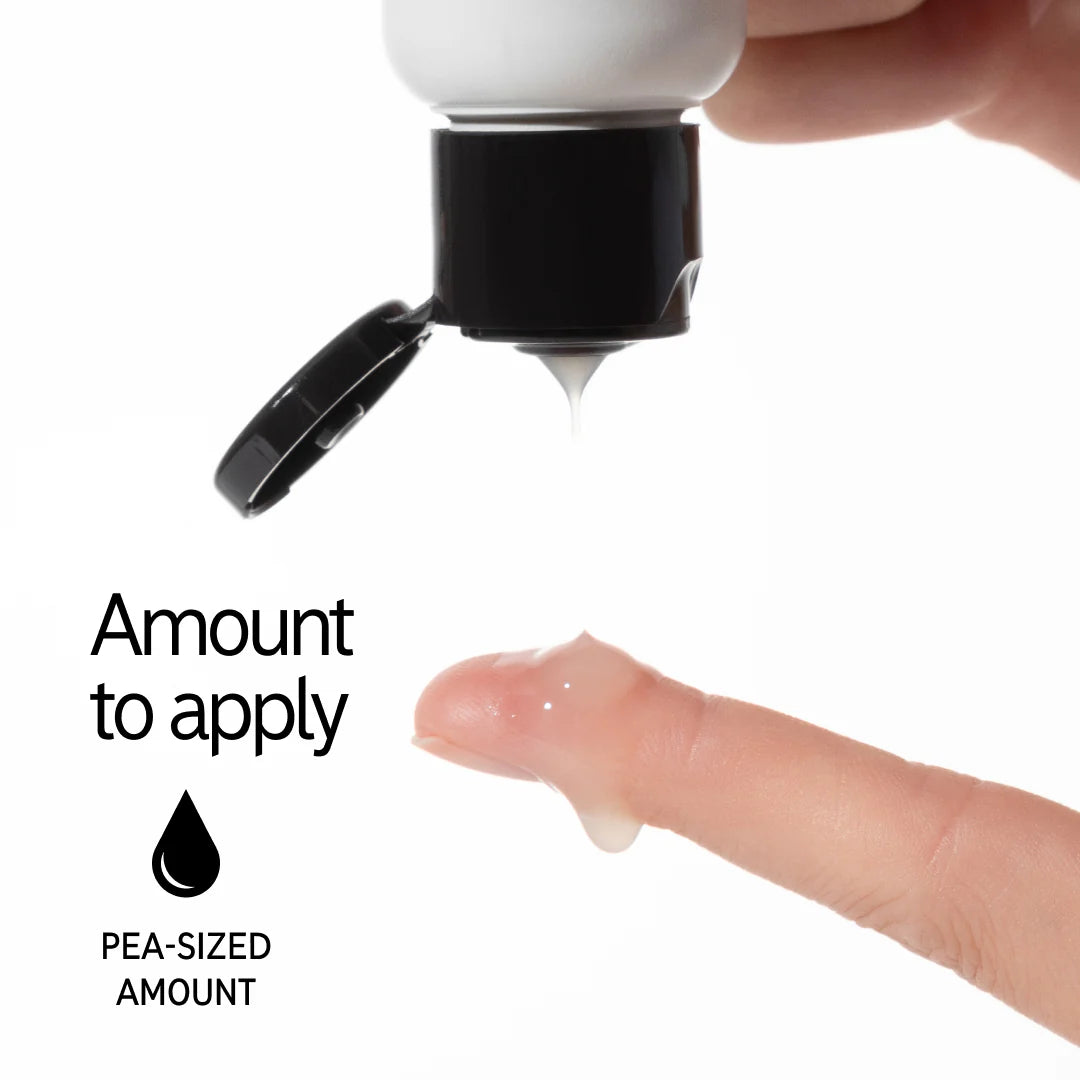 A close-up of a finger with a pea-sized amount of The INKEY List™ Niacinamide Serum being dispensed. Text reads: Amount to apply and PEA-SIZED AMOUNT with a droplet icon, emphasizing its suitability for acne-prone skin.